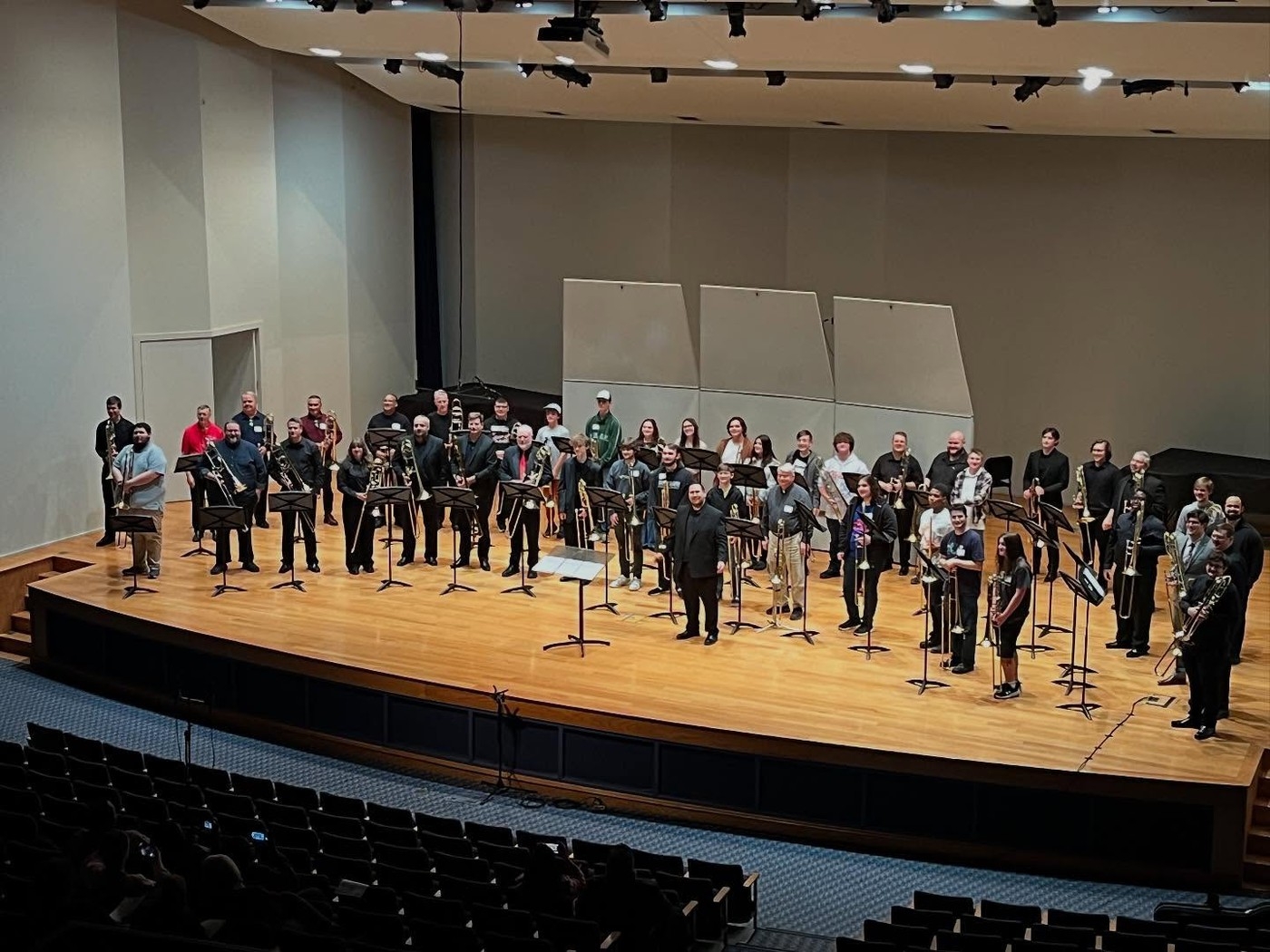 Full stage of trombonists on Trombone Day