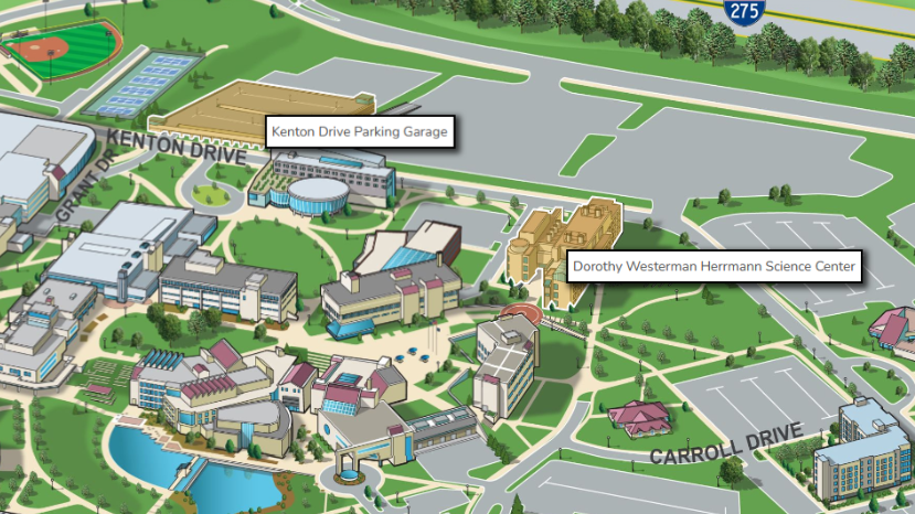 NKU Campus map highlighting the Dorothy Westerman Herrmann Science Center and the Kenton Drive Parking Garage.