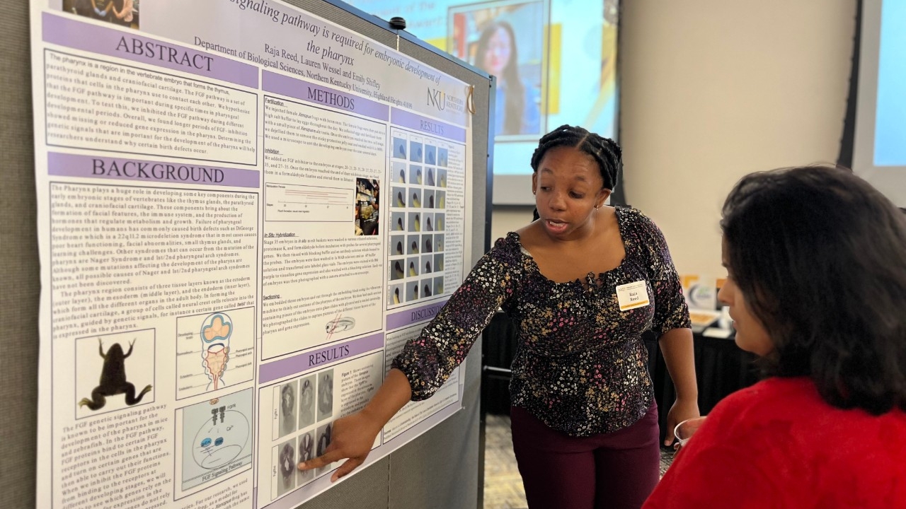 Heather Bullen Summer Celebration of Research Biology major present their research poster at the Heather Bullen Summer Celebration of Research.