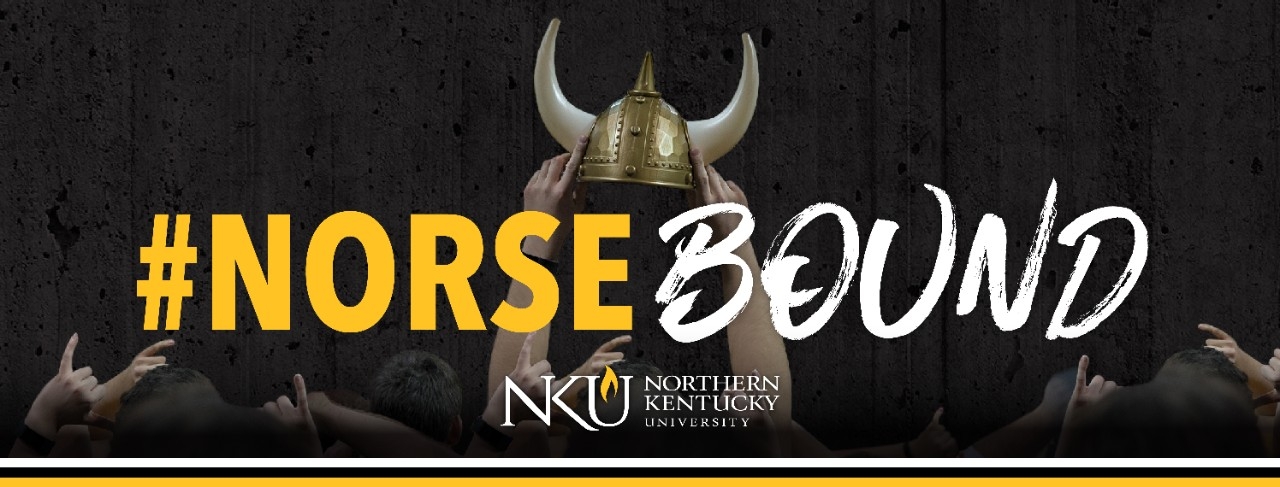 Hands holding a Viking Helmet with the #NorseBound logo imposed.